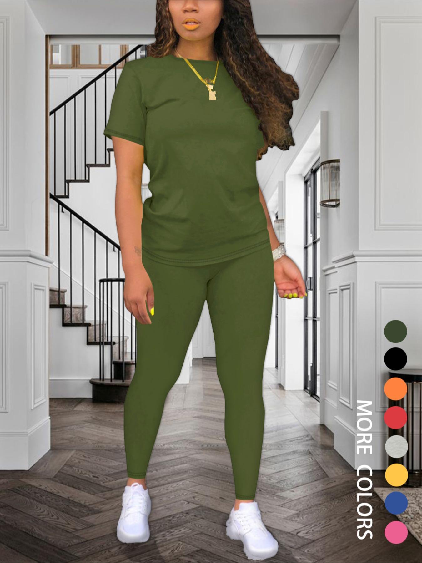 Women's Solid Color Round Neck Fitted Tee & Leggings Set, Summer Clothes, Short Sleeve T-shirt & Skinny Pants, Summer Clothes for Daily Wear