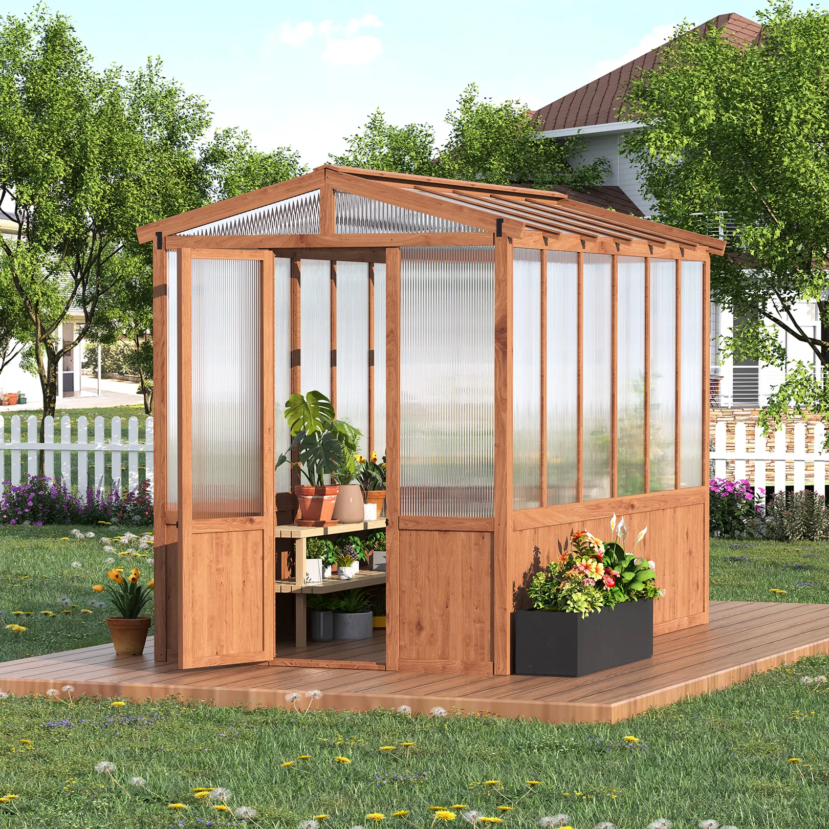 Cedar Frame Wooden Greenhouse - 6x10FT Outdoor Walk-In Garden House Kit - 6MM Thick Polycarbonate Panels for Backyard Gardening