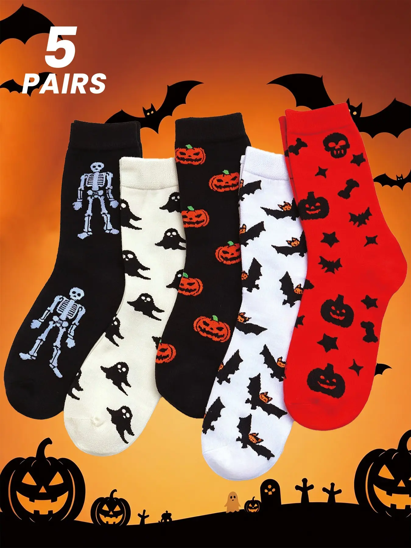 5 Pairs Halloween Crew Socks, Sock Packs, Unisex Cartoon Skull Pumpkin Ghost Knit Pattern, Full Print Casual Festival Party Wear, Comfy and Strechy, All Seasons Fitted Socks Set