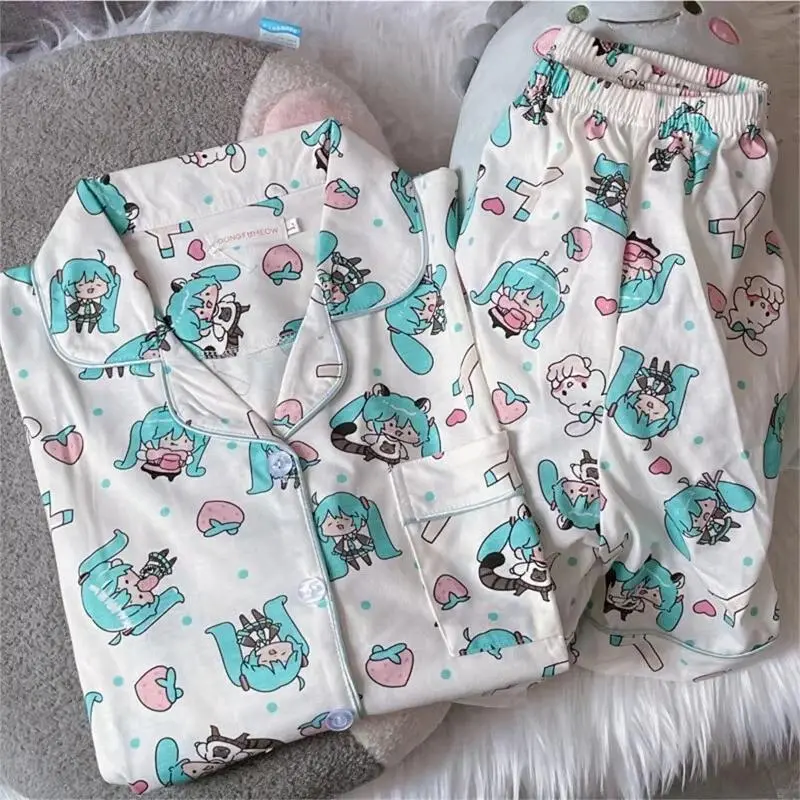 Kawaii Hatsune Miku Pajamas Set Soft Comfortable Women Long sleeves PantSleepwear Cotton Loose Pyjama Loose Home Clothes Gift