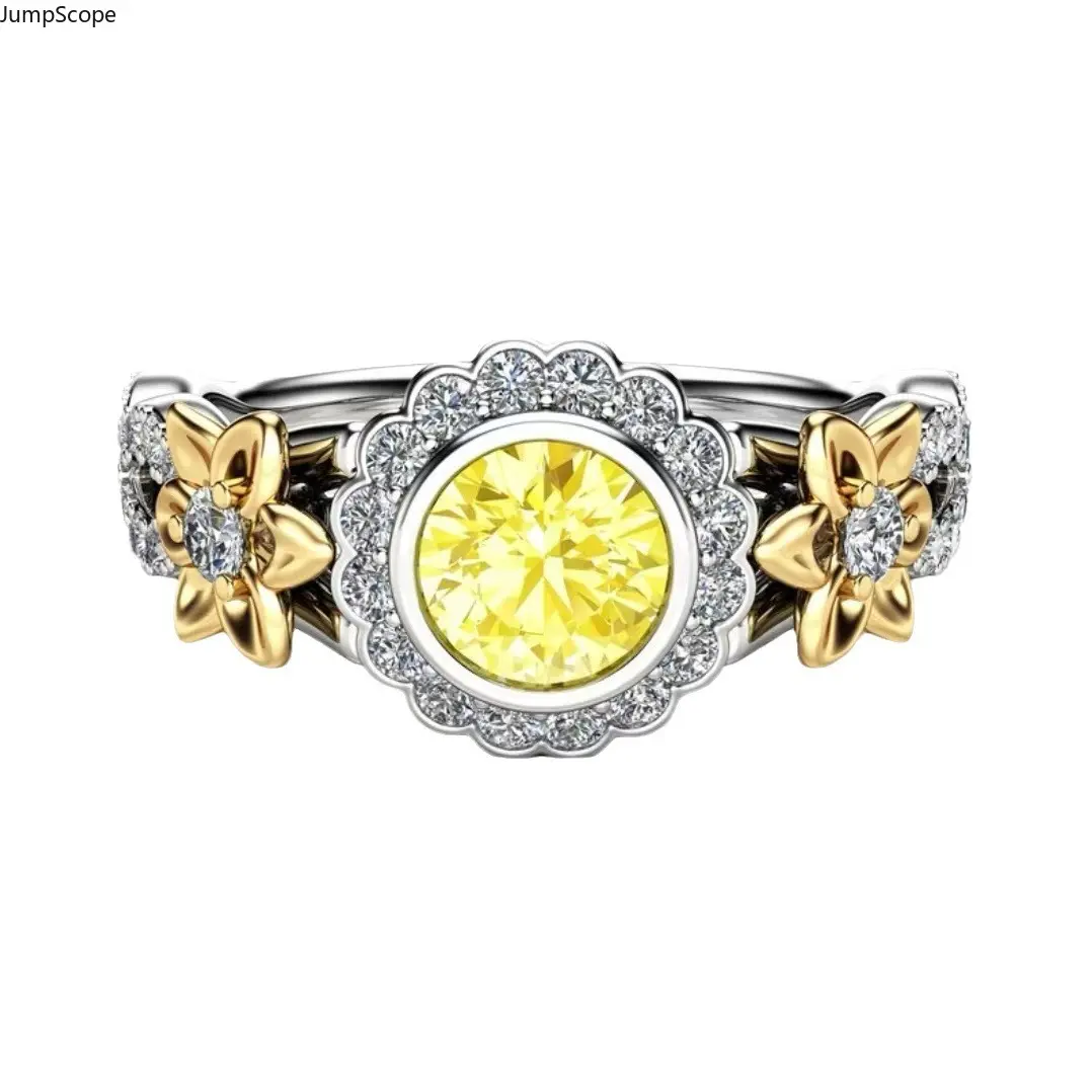 2-Tone Silver-Gold Infinity Twist Sunflower Oval Yellow CZ Halo Ring for Women - Micro Pave White CZ Stackable Floral Wedding Jewelry for Proposal, Daily Wear