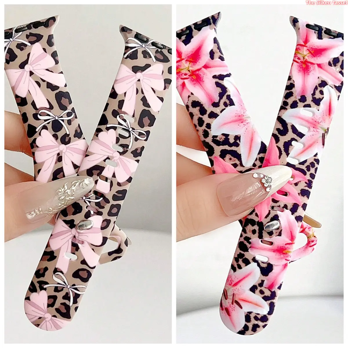 2 Pcs Cute Leopard Floral Silicone Watch Strap Set For Apple Watch All Sizes Pink Bow Lily Mix Print Sweatproof Adjustable Wristband Ladies Aesthetic Watch Accessories Multipack tiktokshopbacktoschool