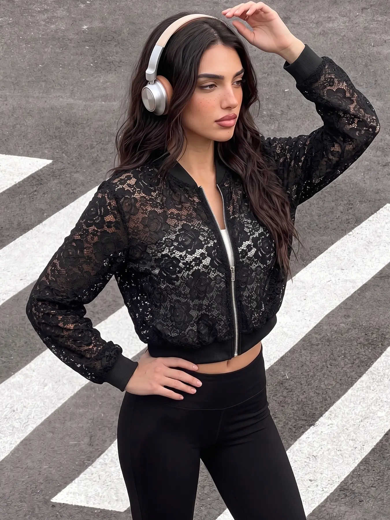1pc Full Floral Lace Cropped Bomber Jacket, Zip Stand Collar Sheer Baseball Coat, Y2K Street Outerwear for Daily Dating Club Concert