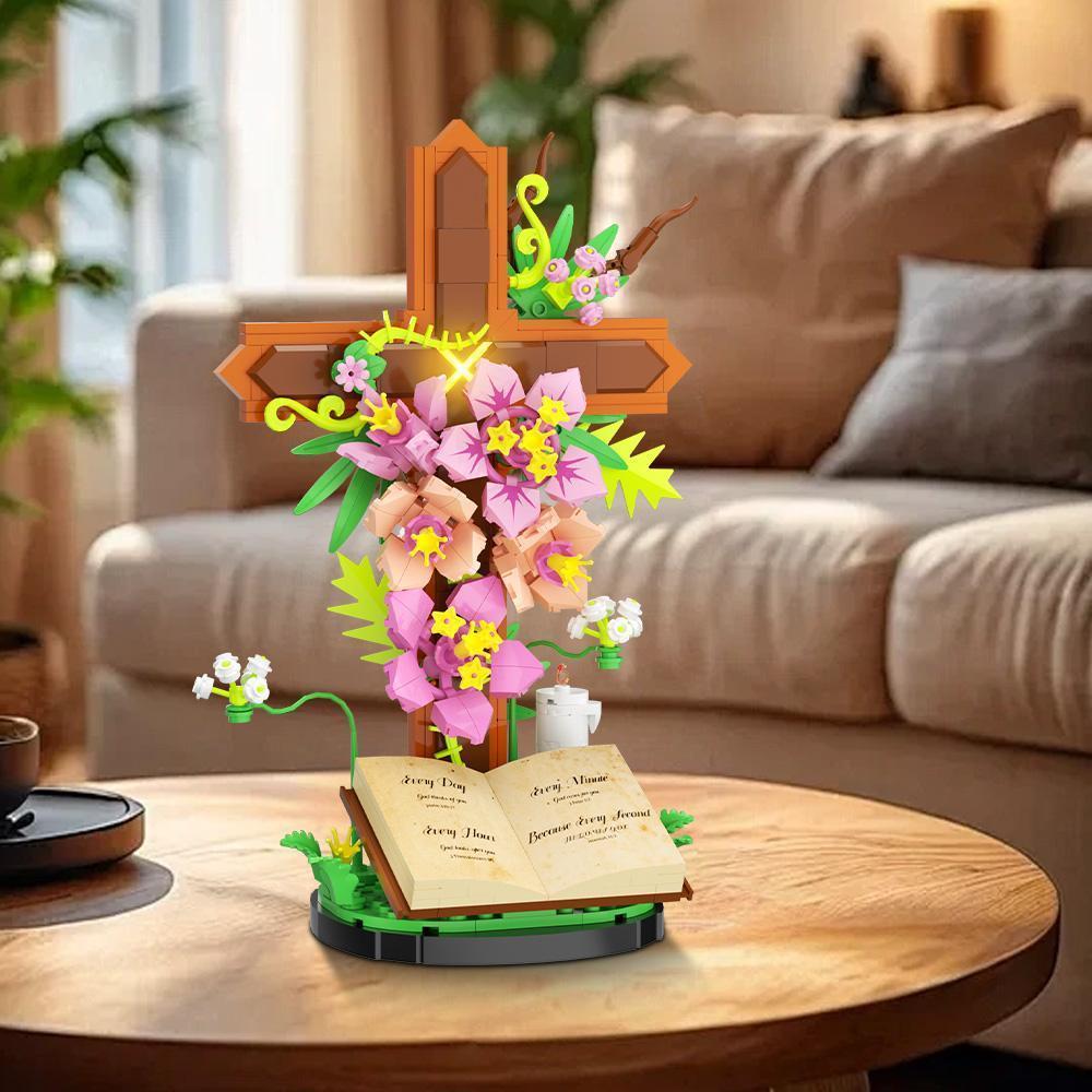 MOC Cross Flower Building Blocks Jesus Cross Tulip Decorative Bricks Adult Toy Christmas Gift