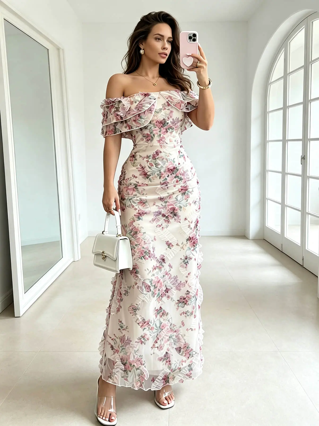 A ladies' fashionable and elegant dress with a pure desire for style and slimming, featuring a shoulder less ruffle edge and waist cinching design, suitable for summer, light banquets, Valentine's Day savings events, and best friend gatherings.