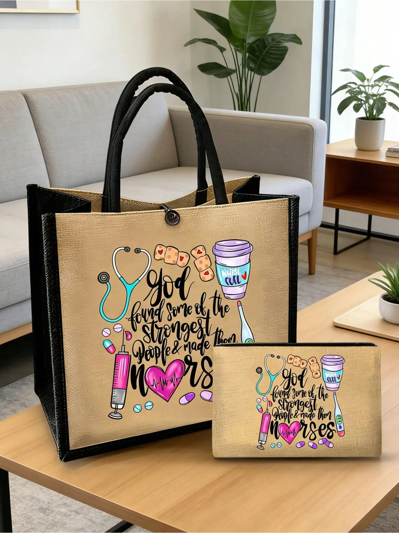 Medical‑Themed Tote Bag & Makeup Pouch Set, Black Durable Fabric with Stethoscope & Pill Bottle Print, Zipper Large‑Capacity Handbag with Fixed Shoulder Strap, Ideal for Nurses & Daily Commute, Holiday Gift