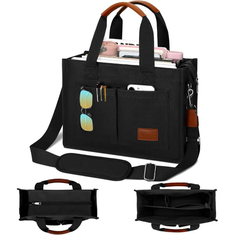 Women's Elegant Large Canvas Satchel Messenger Bag - Brown, Khaki, Zipper, Compartments, Pockets, Crossbody Work Bible Protective Tote Bag, Adjustable Strap