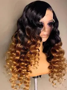 Ombre Honey Blonde Soft Long 26 Inch 180 Density Deep Wave Curly Front Lace Wig, Glueless Heat Resistant Synthetic Hair, Daily Wear Pre-plucked Loose Curly Wig