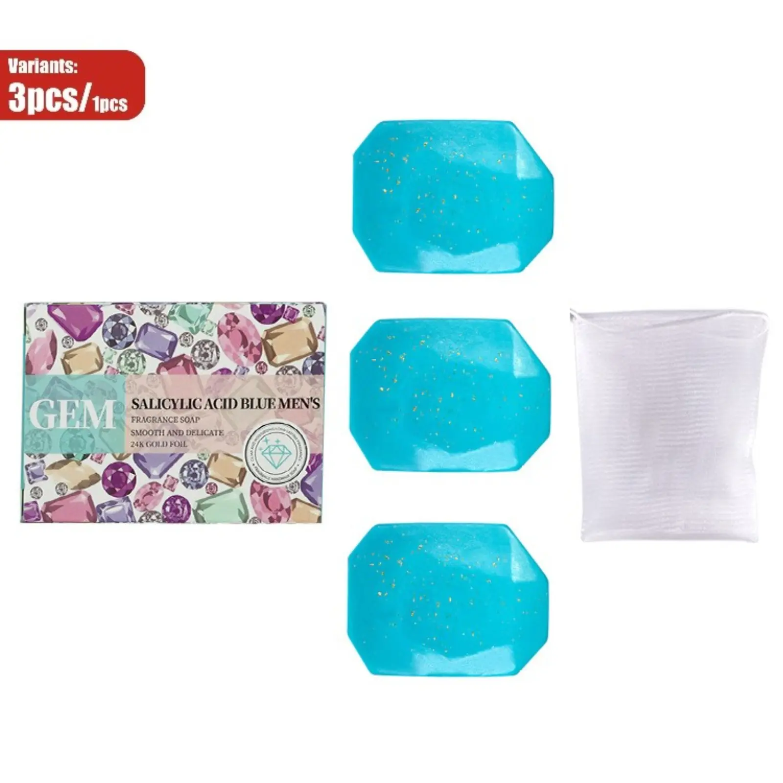 Crystal Gem‑Shaped Handmade Soap Bar with Shiny Gold Foil, Lemongrass Infused Fragrance Soap, Gentle Daily Cleansing for Face and Body, Bath Perfume Soap Comes with Foaming Net