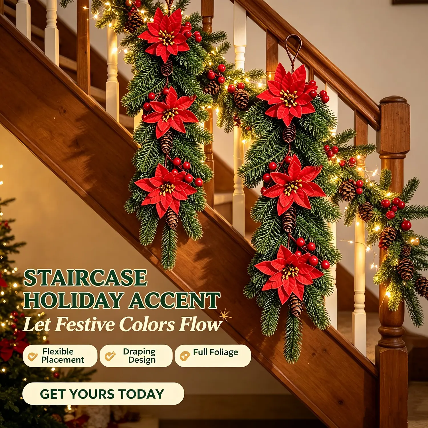 3Pcs Premium Artificial Poinsettia Wall Hanging with Red Berries, Pine Cones & Pine Needles, UV & Fade Resistant Realistic Faux Flowers, Indoor Outdoor Decor for Christmas, Thanksgiving, Party & Home Arrangement