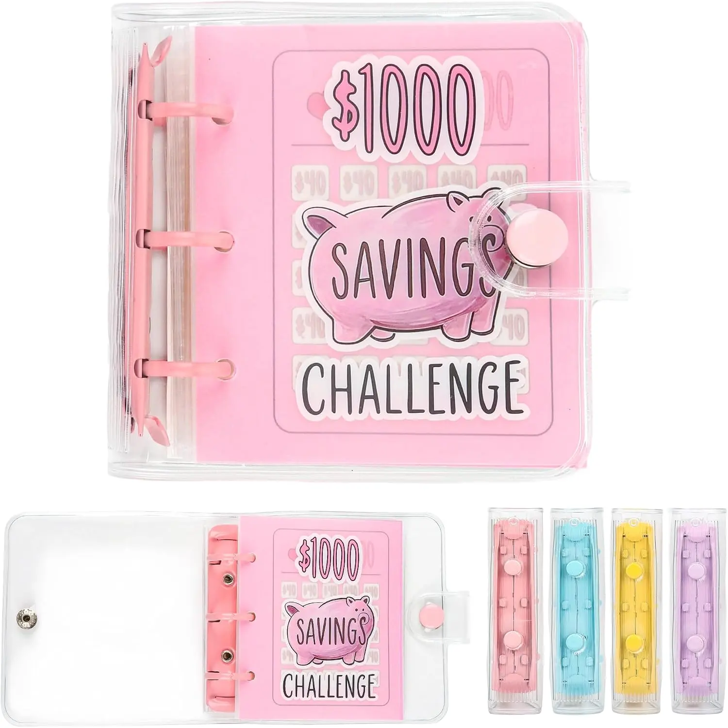 Baby & Maternity Portable Mini Money Saving Binder with 25 Envelopes, $1000 Savings Challenge Book, Budgeting Cash Planner, School Class Prize Gift (Pink)