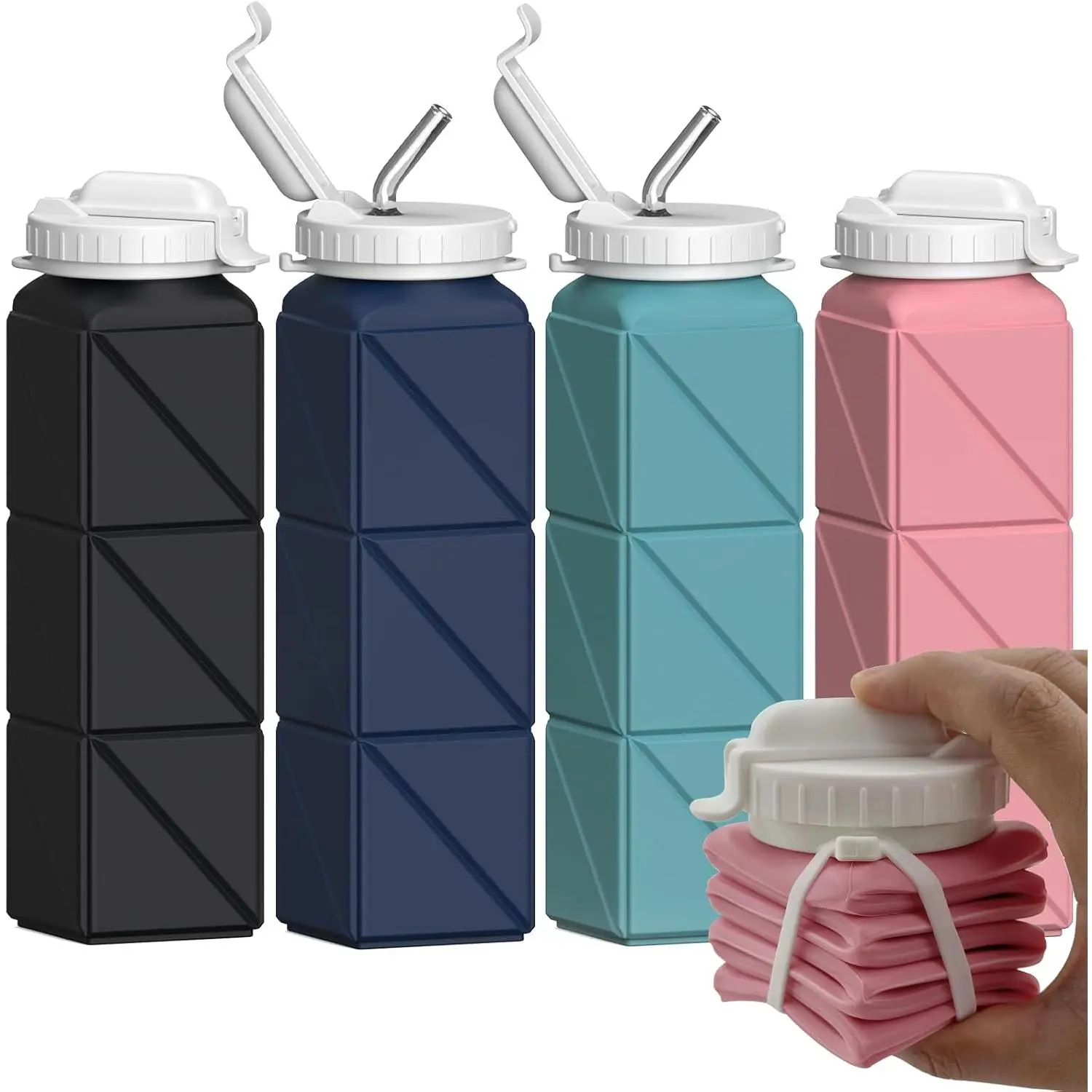 20.6-oz Silicone Collapsible Water Bottle with Lid - Lightweight, Reusable, Refillable, Leak-Proof, Portable for Travel, Rock Climbing, Running, Gym Sports & Outdoor Use