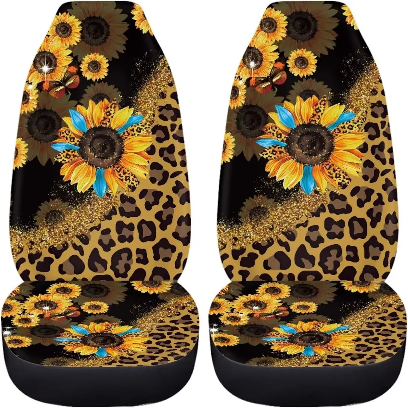 Sunflower Leopard Print Car Seat Covers Full Set,2 Pieces Women Men Universal Vehicle Interior Seat Mat Cover Sunflowers Car Accessories Seats Protection,Fit for SUV Truck Sedan