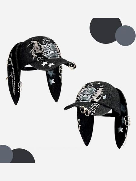Unisex Wasteland Style Bunny Ear Baseball Cap, Adjustable Snapback Cap, Punk Denim Trucker Hat with Chain, Streetwear Hip Hop Costume for Halloween Party