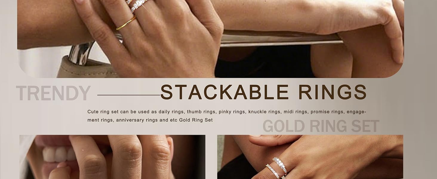 FIBO 4 Pairs Stackable Rings Set for Women Non 14K Gold Plated Tarnish Dainty Cubic Zirconia Wedding Bands Ring Set Minimalist Statement Engagement Ring Promise Thumb Rings Trendy Jewelry Gifts Size 5-10