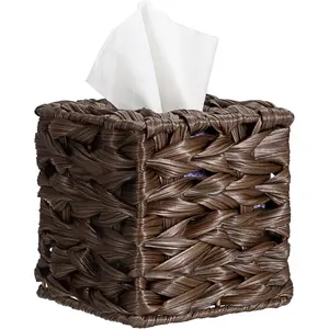 Wicker Tissue Box Cover, Square Tissue Box Holder, Hand Woven Facial Tissues Dispenser, Decorative Boho Tissue Box Organizer for Bathroom Bedroom Kitchen Office Table Desk Counter, Coffee