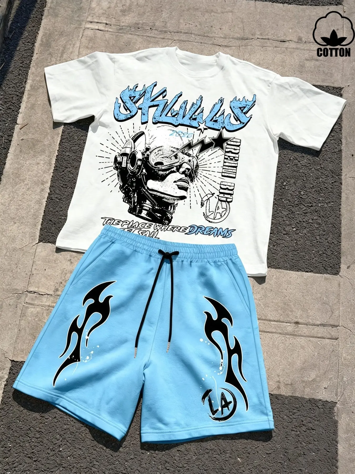 Men Y2K Skull Flame Graphic 2‑Piece Outfit,100% Cotton Oversized T‑Shirt & Sky Blue Casual Shorts Hip‑Hop Streetwear Tracksuit, Suitable For Workout, Skateboarding, Camping, Daily Commute