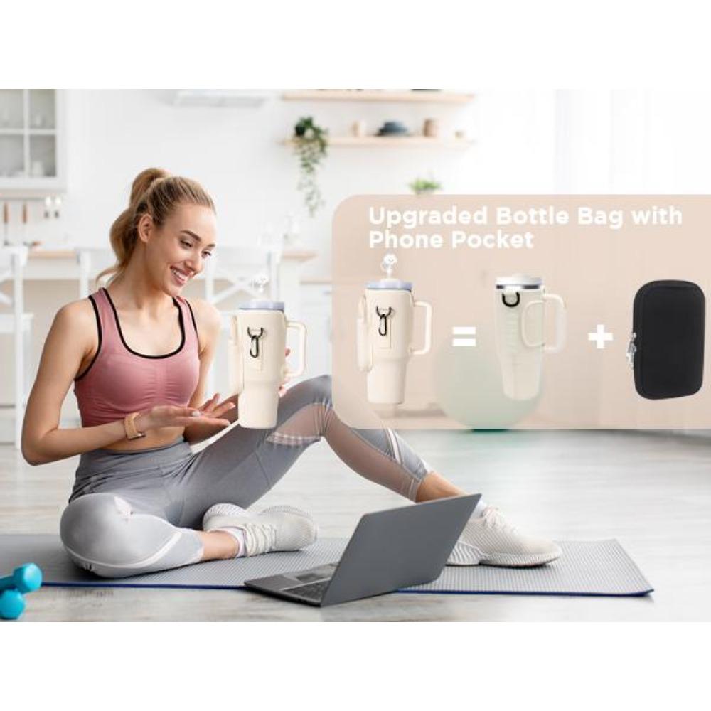 Water Bottle Carrier Bag with Phone Pocket for Stanley 40/30 oz Tumbler, Neoprene Water Bottle Holder Pouch with Adjustable Strap, Straw Cover & Carabiner, Ideal New Year & Valentine's Day Gift