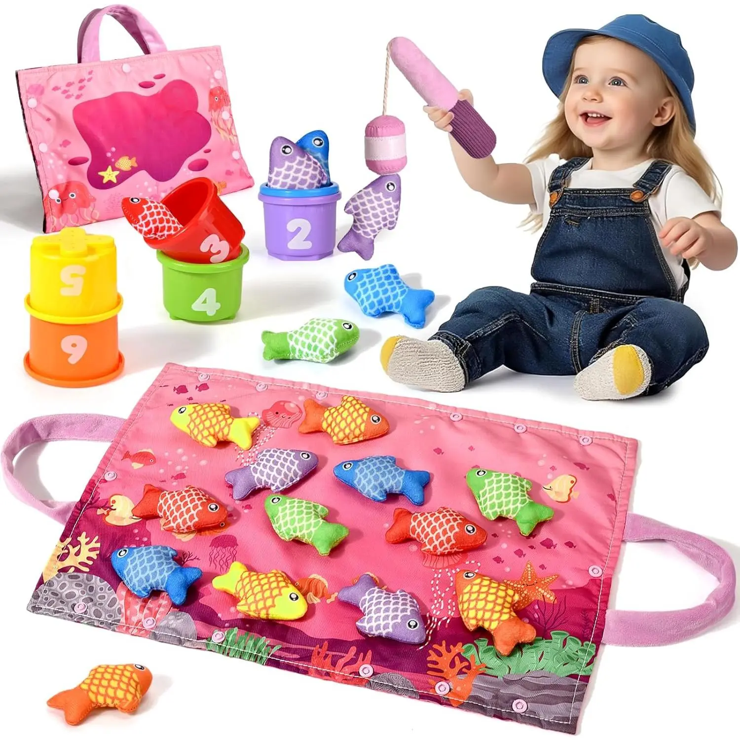 Montessori Toys  1 Year Old - 20PCS Cloth Toddler Pink Fishing Game with Stacking Cups,Baby Color Sorting Toy 12-18 Months One Year Old Birthday Gift,Best Easter Gifts  1-3 Year Olds New model
