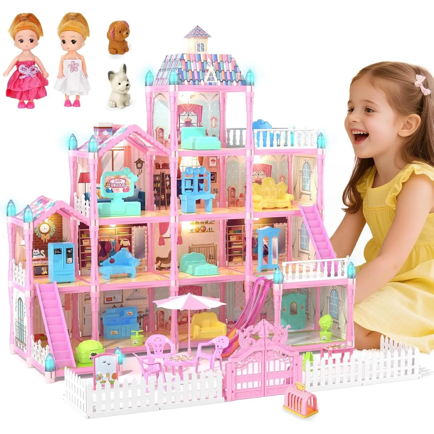 Doll House for Girls with Lights, 3 Dolls, 4 Floors -13 Rooms, 7 Sets of Furniture and Accessories, Design and Build Gift for 3 4 5 6 7 8+ Year Old Girls
