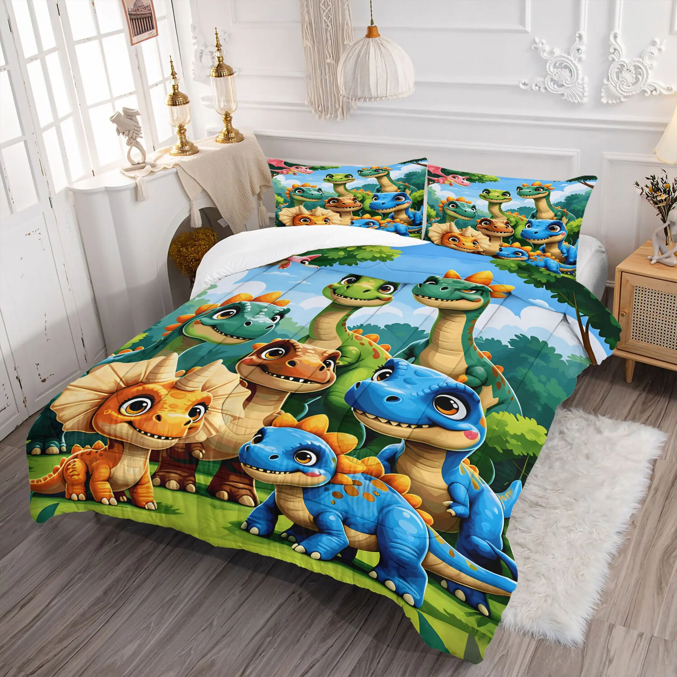 Colorful Cute Dino Family Comforter Set, Cartoon Kids Bedding Set, Includes 1 Quilt & 1-2 Pillowcase, No Pillow Insert, Soft Microfiber Toddler Bedding for Boys Girls Bedroom Decor, Great Gift for Dinosaur Lovers