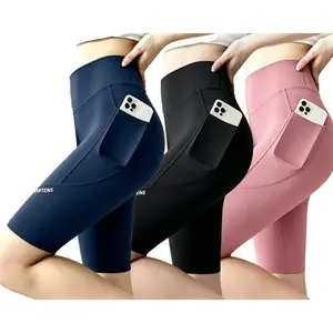 3 Pack Women's High Waisted Biker Shorts with Pockets Super Soft No See Through Tummy Control Five-Quarter Length Harajuku Style Summer Thin Fabric 20% Elastane 80% Polyamide