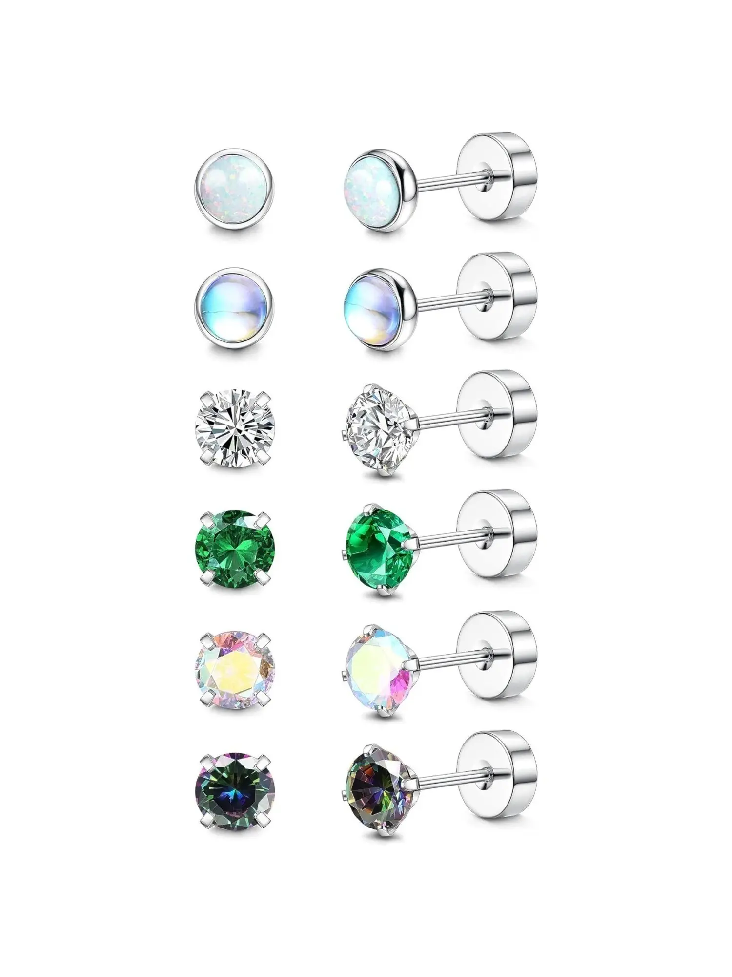 6 Pairs Colorful Titanium Earrings Pure G23 Titanium Earrings for Men Women Sensitive Ears, Earrings with flat backs, 20G Stud Hoop Earrings Set Opal Moonstone Hypoallergenic Cartilage Earrings Comfy Sleeper Flat Back Stud Earrings