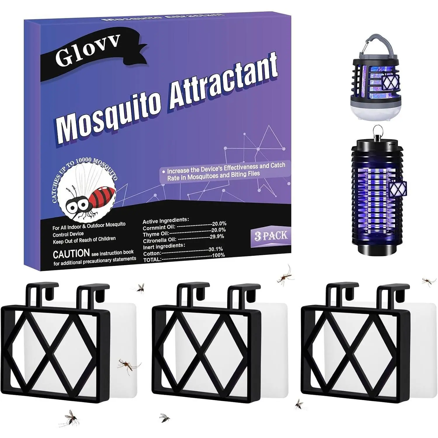 Mosquito Attractant Bait Refill Pack (3 Lures) with Hanging Hook, Bug Zapper & Fruit Fly Trap Cartridge for Outdoor & Indoor Use to Boost Catch Rates