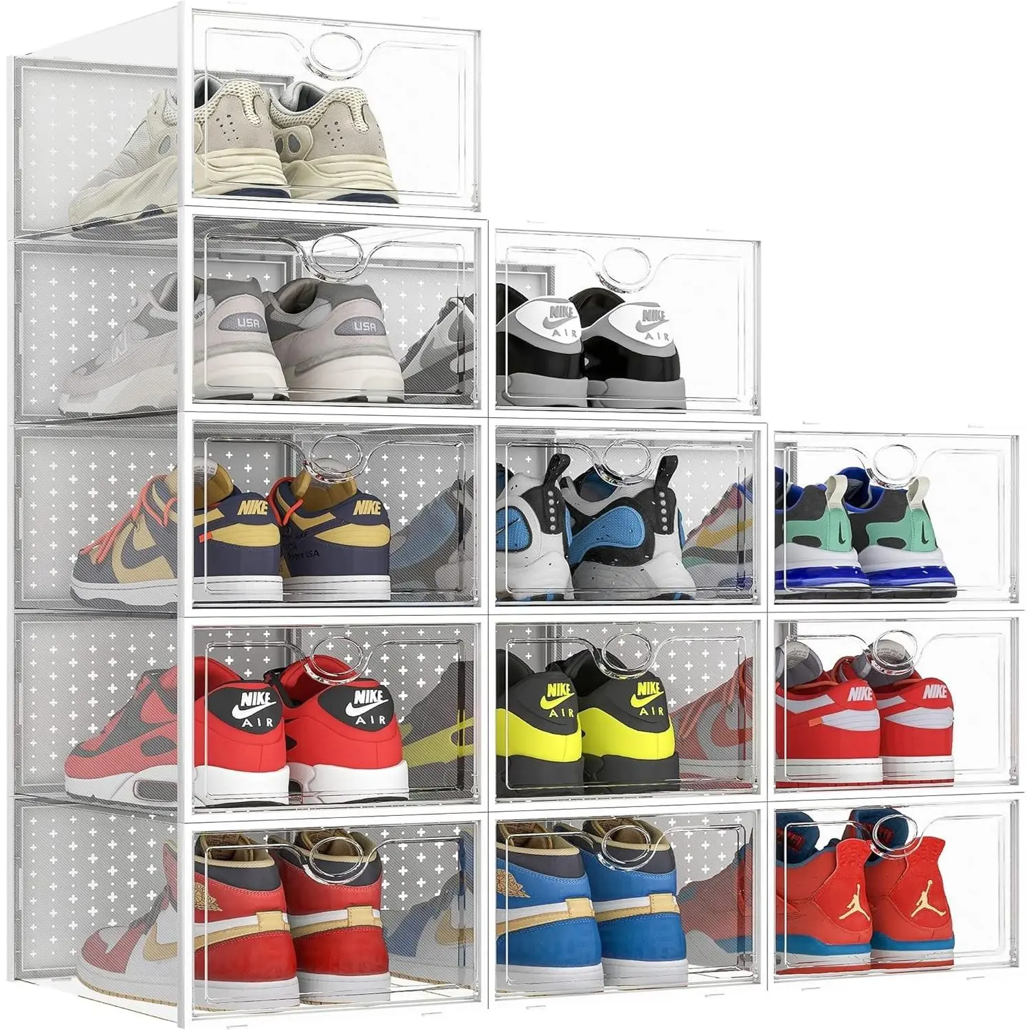 XXL Larger Shoe Storage Boxes Fit Size 14, Clear Plastic Stackable Shoe Organizer 12 Pack Sneaker Storage for Sneakerheads Shoe Containers, 6.8“ Height for High Shoes