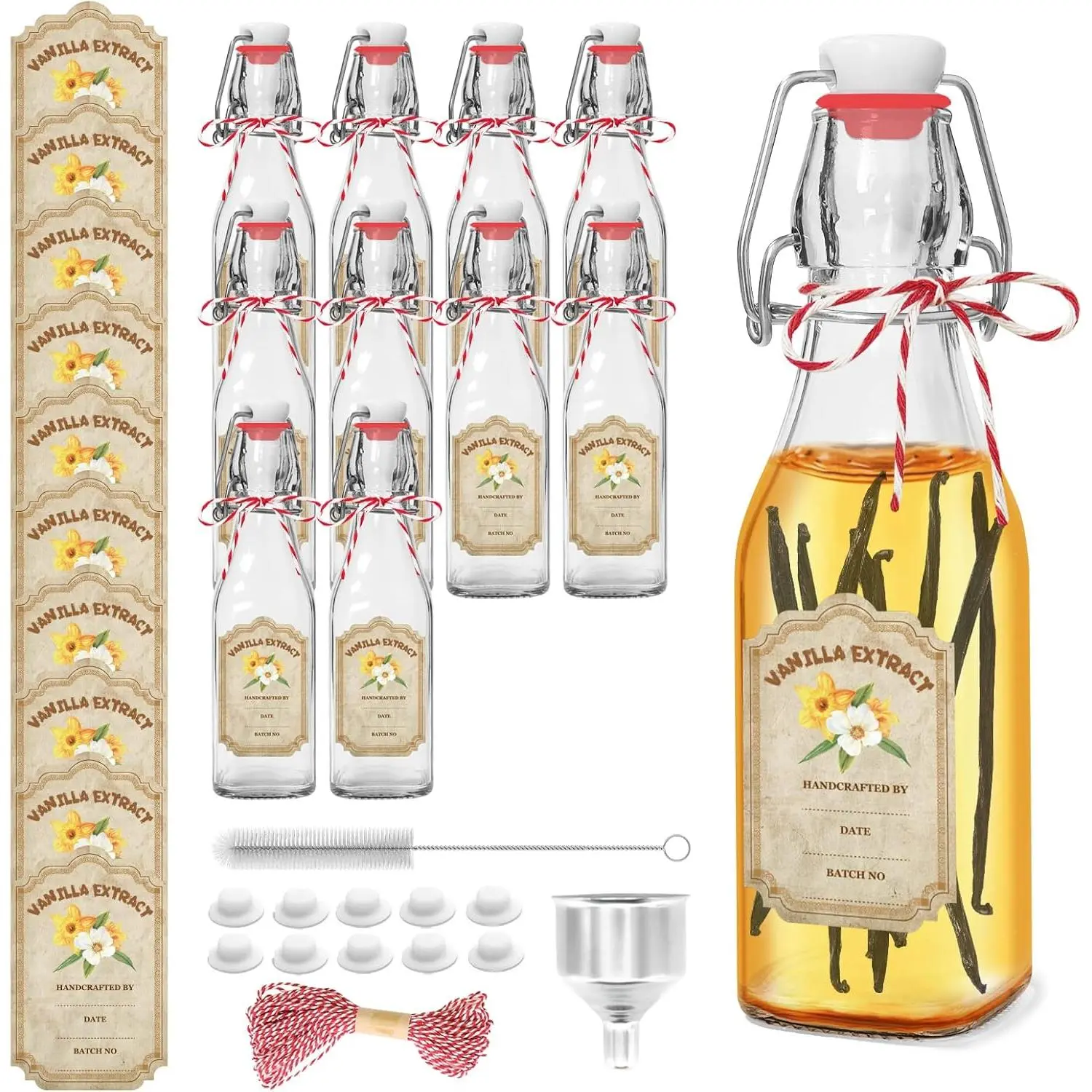 10 Pack Swing Top Glass Vanilla Extract Bottles 8 oz with Lids, Vanilla Extract Labels and Funnel, Glass Boston Bottles for Syrup Gift, Flip Top Jars