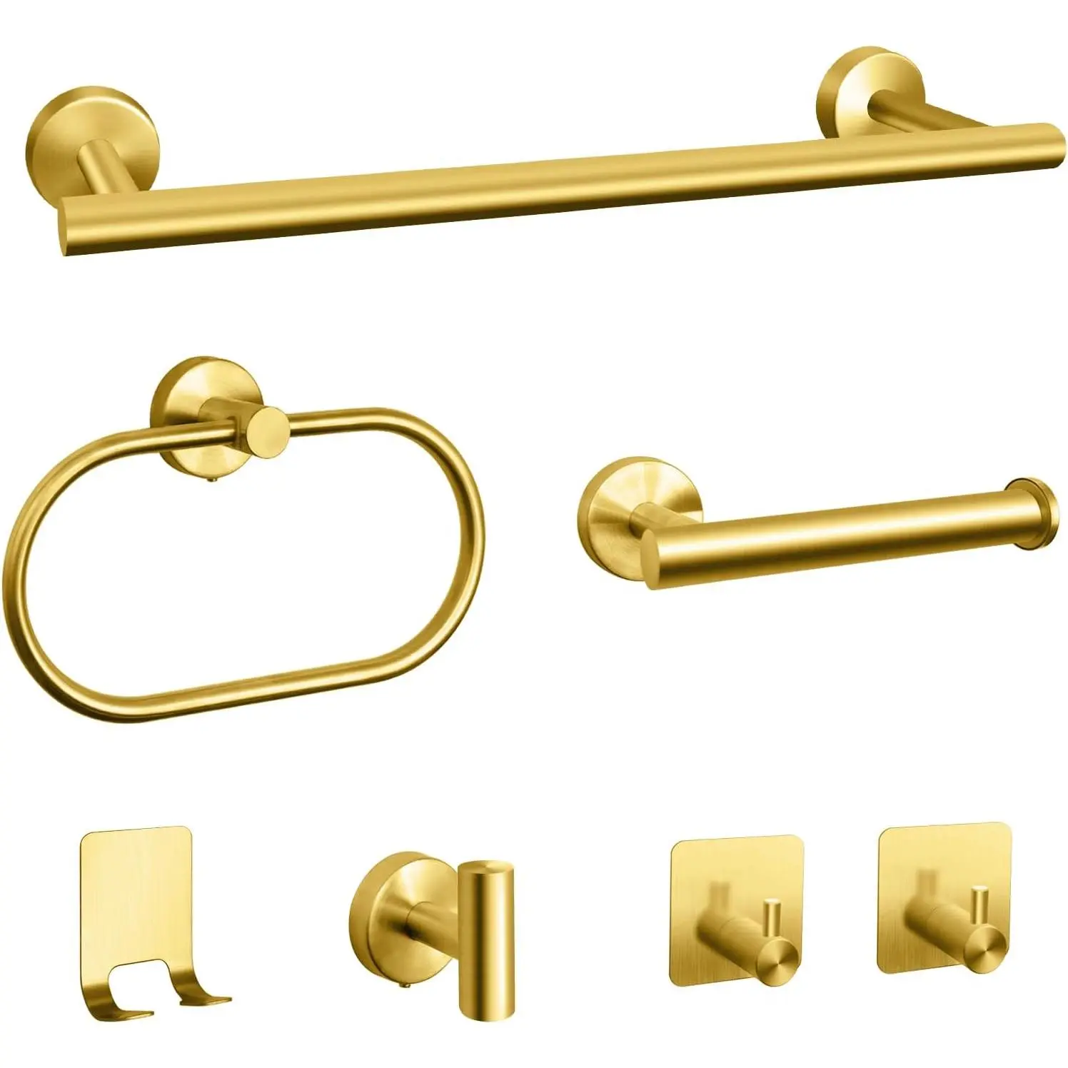 Bathroom Hardware Set, 7 Pcs Bathroom Towel Rack Stainless Steel Bath Hardware Kit Including 16" Hand Towel Bars, Toilet Paper Holders, Towel Rings, Robe Towel Hooks (Gold)