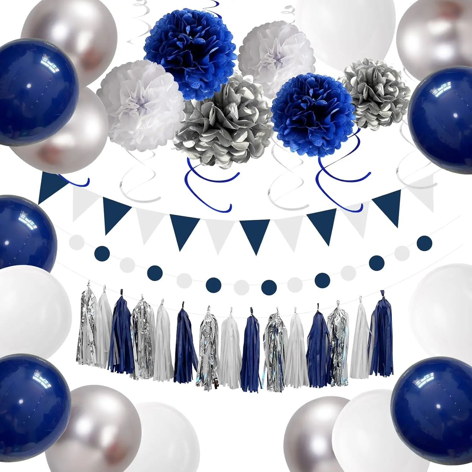 Navy Blue White Silver Party Decoration Set – 6 Paper Pom Poms, 15 Tassels, 1 Bunting, 1 Garland, 6 Spirals, 15 Latex Balloons – Complete Party Decor for Birthday, Graduation,Baby Shower