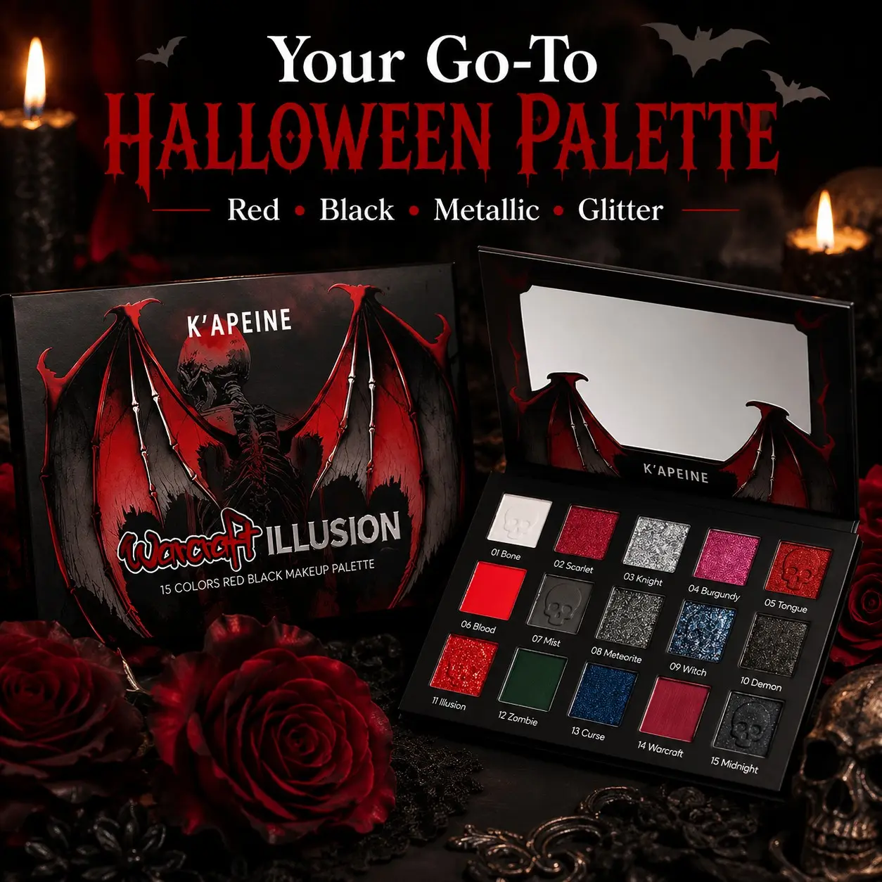 15 Color Gothic Rose Skull Eyeshadow Palette, Matte Glitter Metallic Flakes, Dark Smoky Eye Shadow, Halloween Party Cosplay Makeup