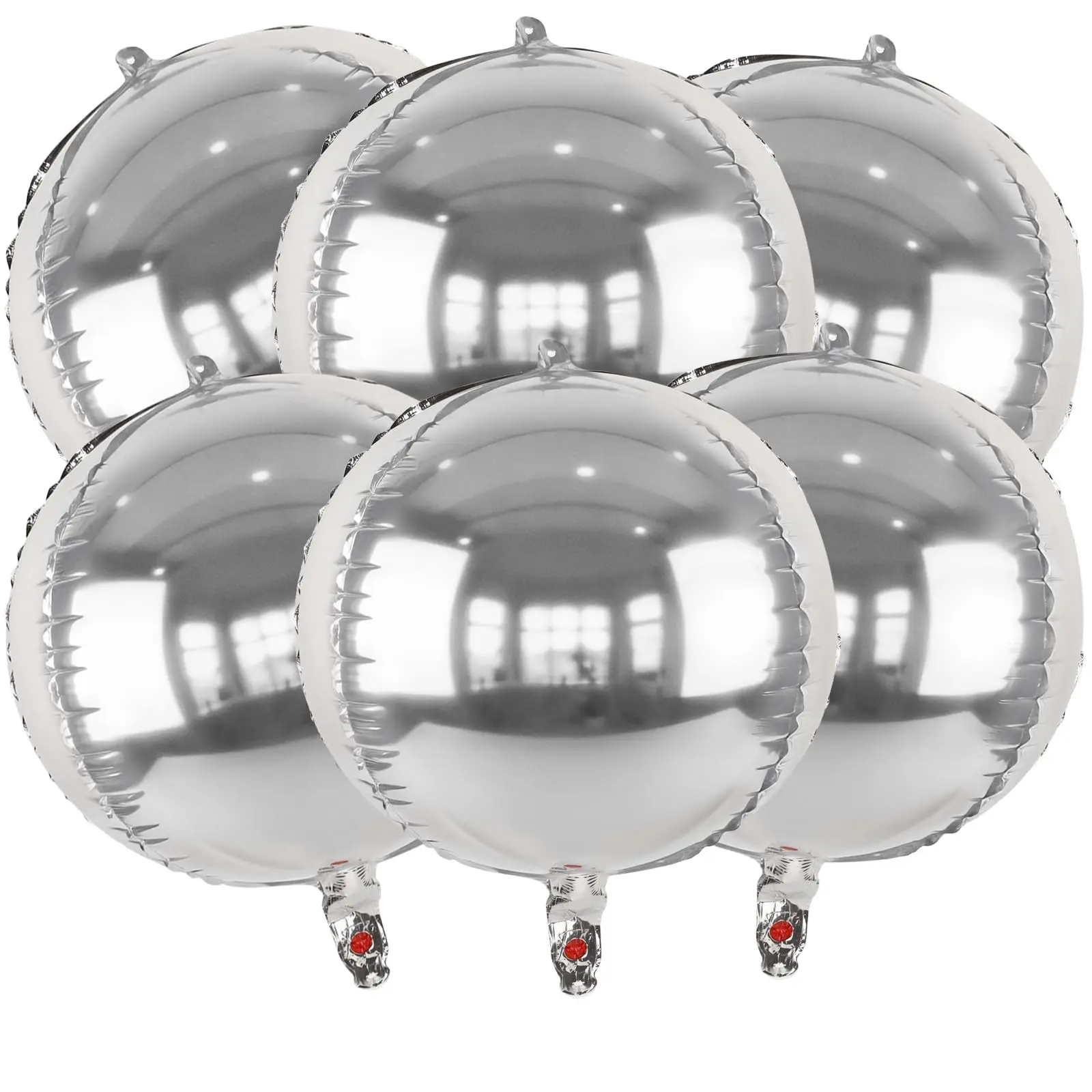 6 metallic silver round foil balloons, 14-inch large 4D spherical foil balloons, suitable for birthday parties, prom parties, weddings, anniversaries, and disco party decorations.