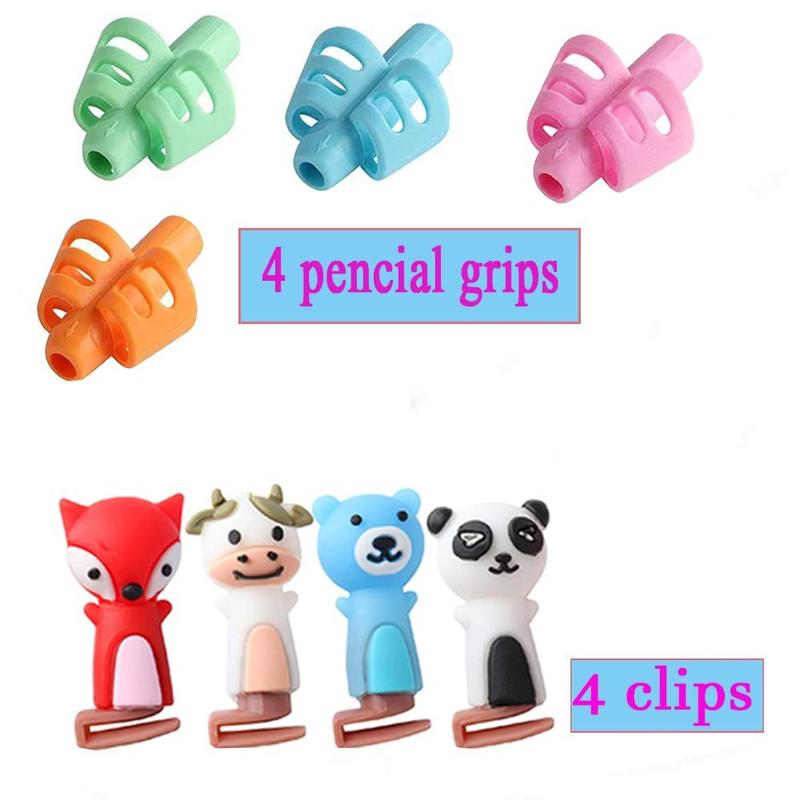 Pencil Grip & Clip Set, Including 4 Counts Pencil Grip & 4 Counts Animal Design Clip, Handwriting Correction Tool, Office School Supplies, Summer Essentials