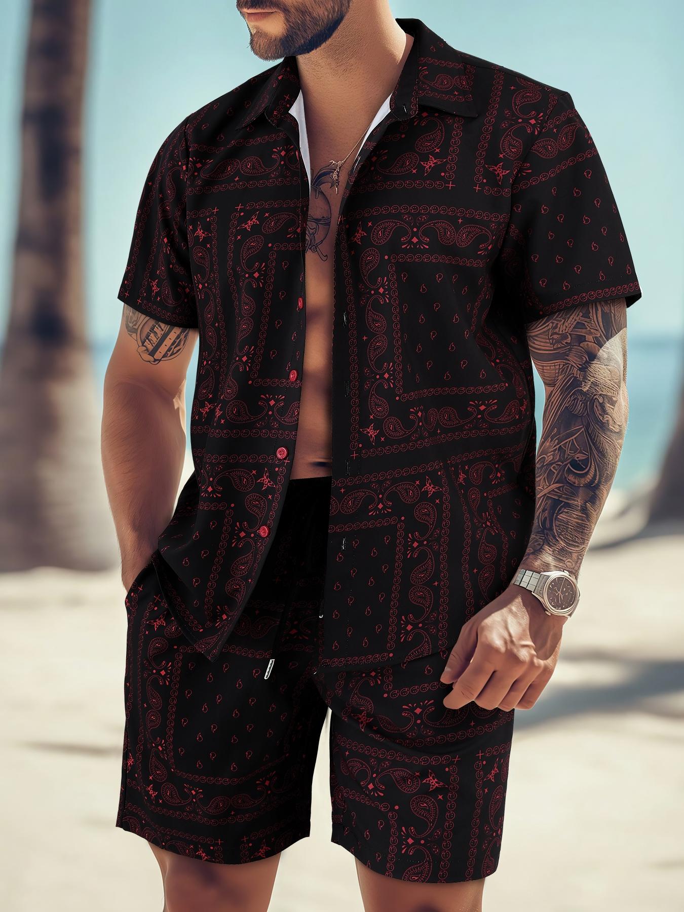 Men's All Over Print Short Sleeve Shirt & Shorts Two-piece Set, Casual Button Collar Top & Drawstring Waist Shorts, Men's Summer Clothes, Casual Outfit Set