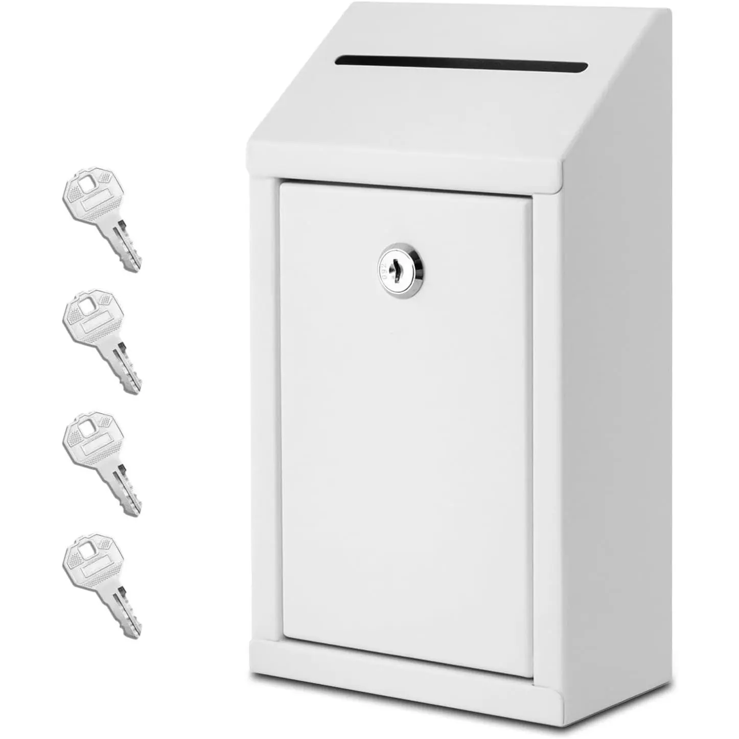 Metal Wall Mounted Donation Box with Lock, Cash Drop Box with Slot, Suggestion Box with 4 Iron Keys, White, 1-Pack