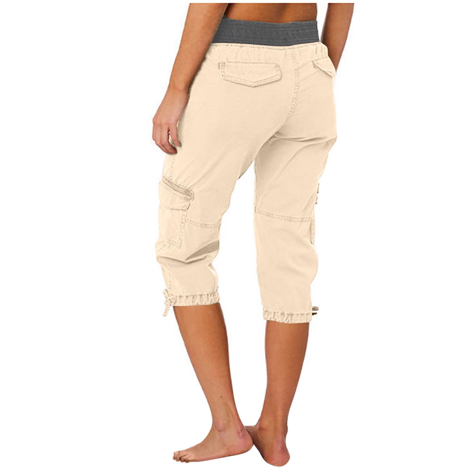Women Cargo Capris Soild Casual Pants With Pocket Drawstring Outdoor Hiking Pants Women'S Slacks Thin Streetwear Tops Chic White Womenswear Bottom Comfort Basic
