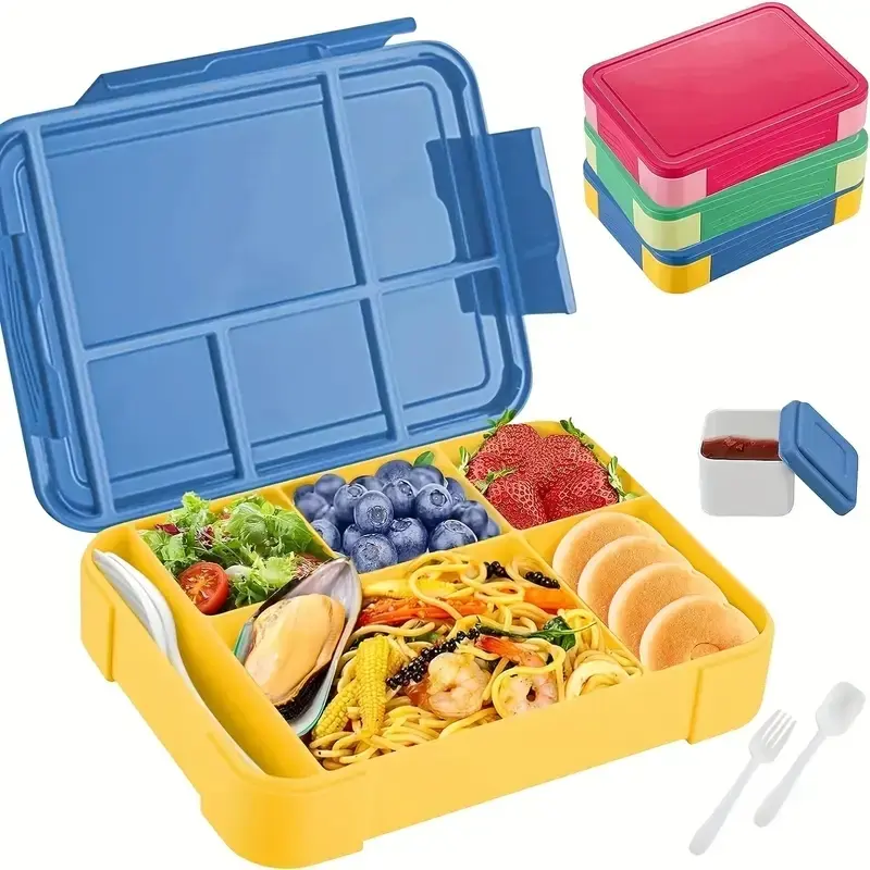 5-Compartment Microwave-Safe Bento Lunch Box with Leak-Proof Compartments, Reusable Spoon and Sauce Container, Durable Plastic Food Container for Office Work School Lunch Containers