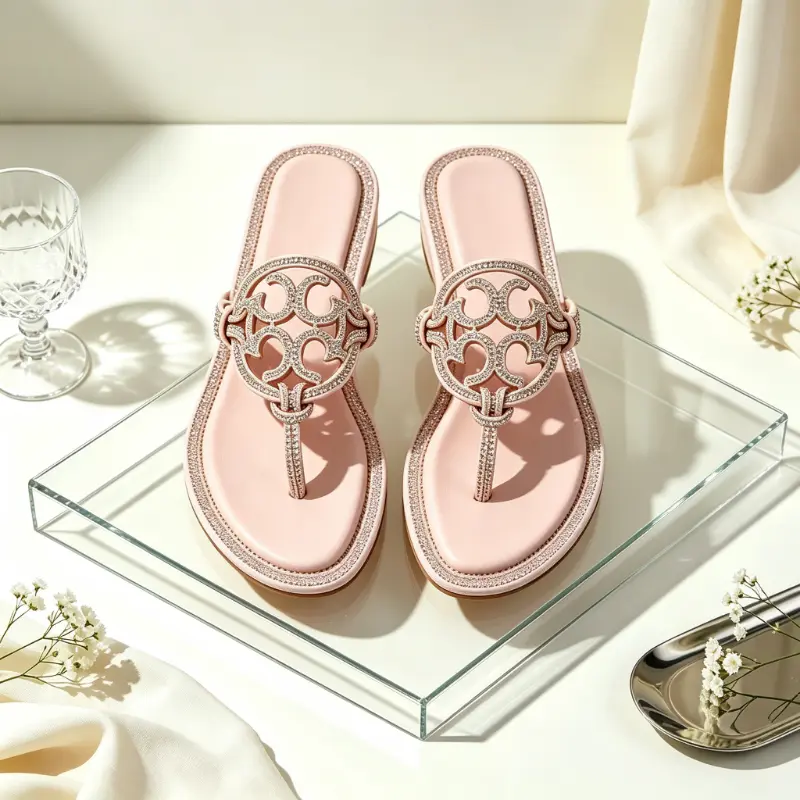 Women Pink Rhinestone Hollow Circular Thong Flat Sandals, Sparkly Slip-On Flip Flops, Summer Beach Casual Outdoor Walking Sandals, Fashion Flat Sandals for Vacation & Daily Wear | pool slide, flip flop
