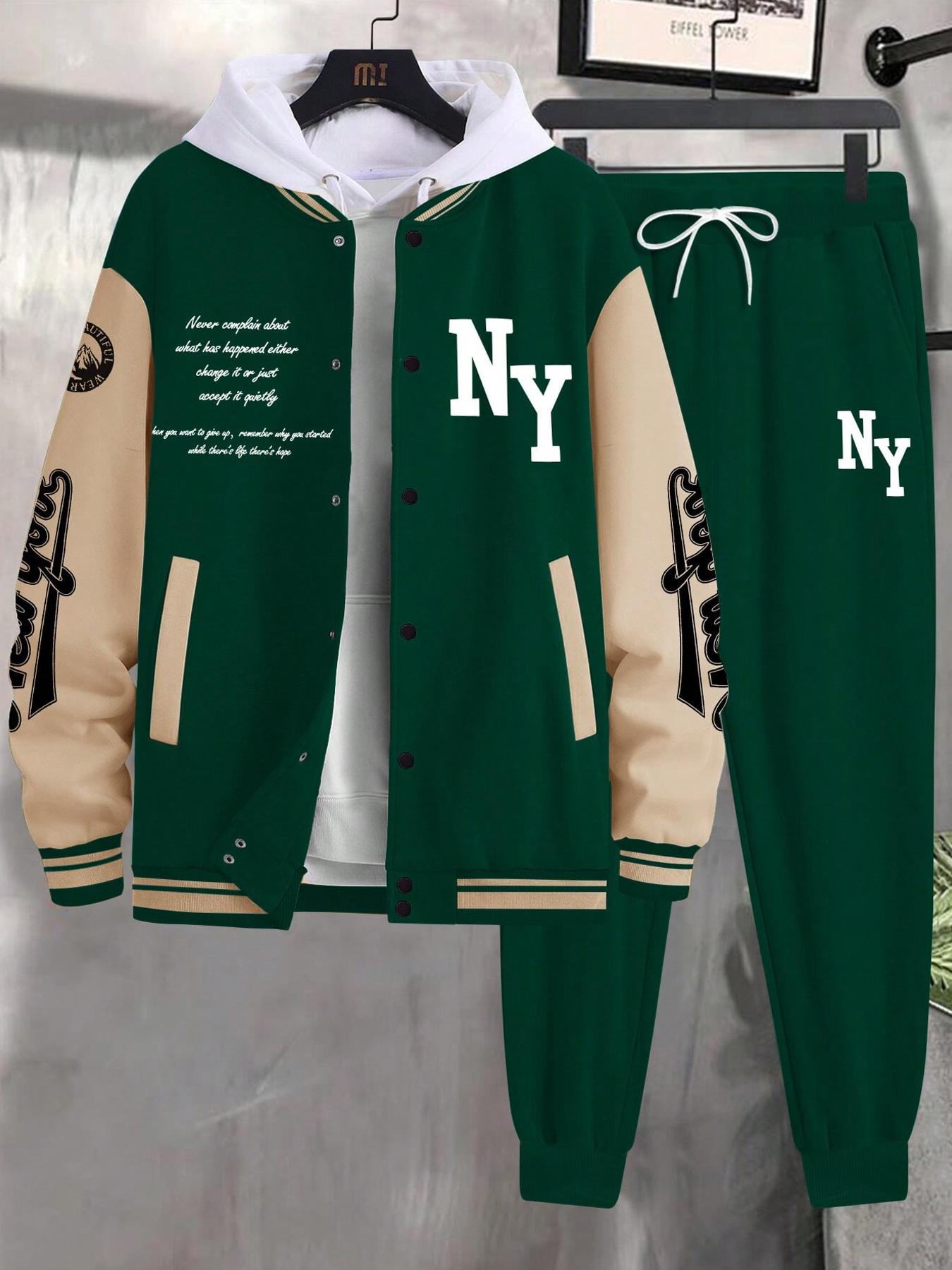 Men's Letter Print Baseball Jacket Long Sleeves & Sweatpants Two-Piece Set, Regular Fit Casual Fashion Cozy Breathable Two Piece Outfits for Daily Outdoor Wear, Men Clothes for Fall & Winter