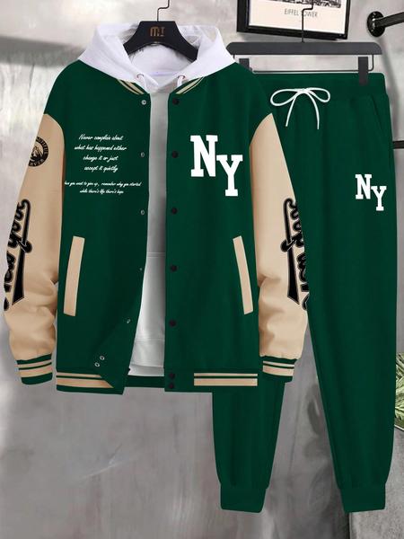 Men's Letter Print Baseball Jacket & Sweatpants Two-Piece Set, Regular Fit Casual Fashion Cozy Breathable Two Piece Outfits for Daily Outdoor Wear, Men Clothes for Fall & Winter