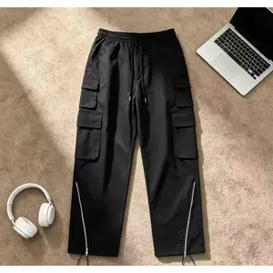 Men’s Black Multi Pocket Cargo Wide Leg Pants Y2K Techwear Streetwear Pants Drawstring Waist, Zip Hem Convertible TikTok Viral, Gorpcore, Baggy, Hip Hop, Skatewear