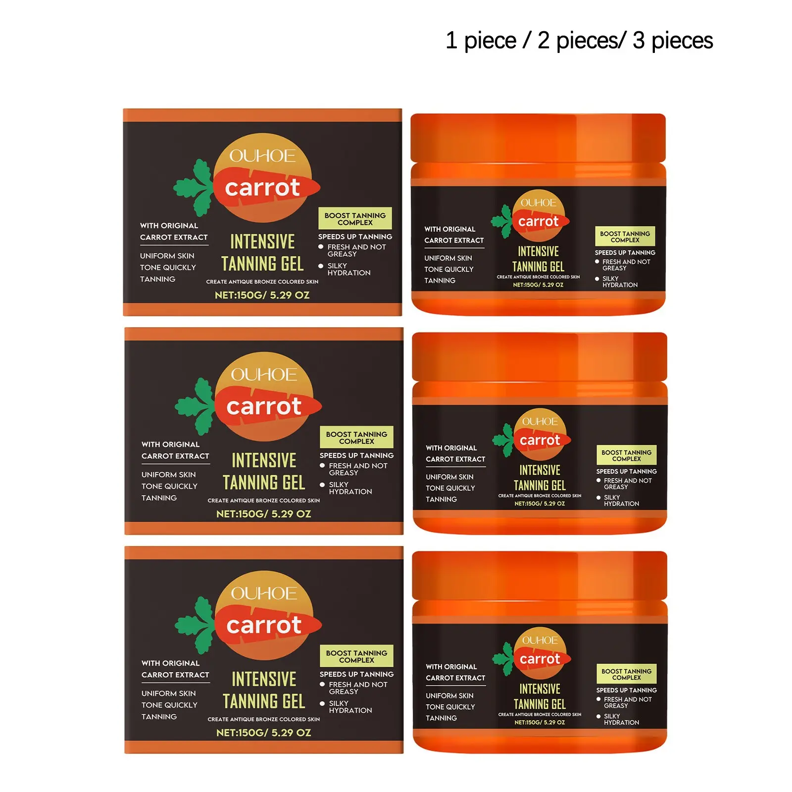 Carrot Bronzing Gel (150g/150g*2/150g*3), Gentle Care, Summer Outdoor Bronzing, Tan Skin Care, Moisturizing, Non-Greasy, Smooth Texture