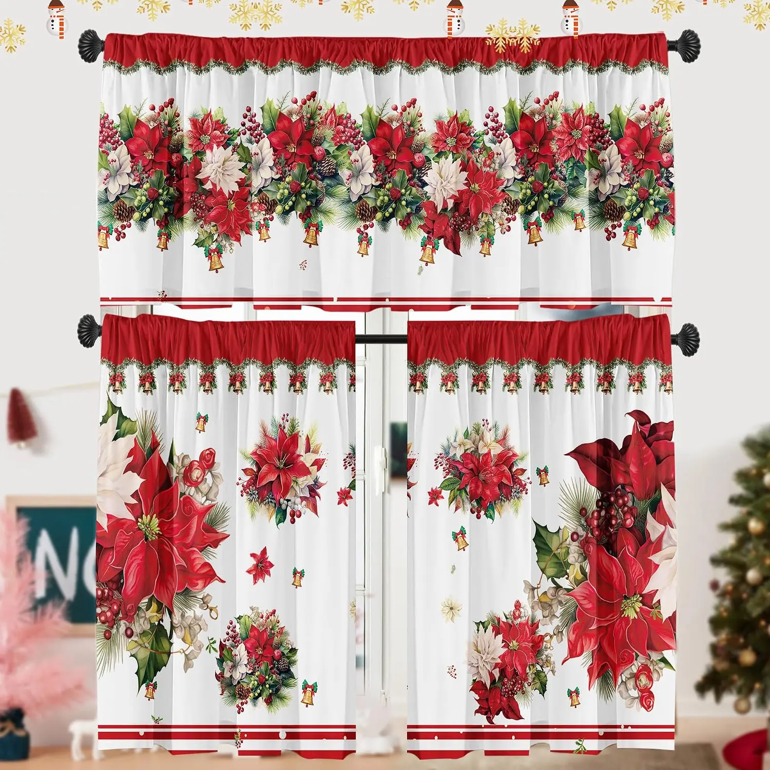Christmas Poinsettia Curtain Valances Set - Upper & Lower Curtains, 52'' L x 18'' W & 36'' L x 26'' W, Kitchen Windows Decor, 3 count Set, Red