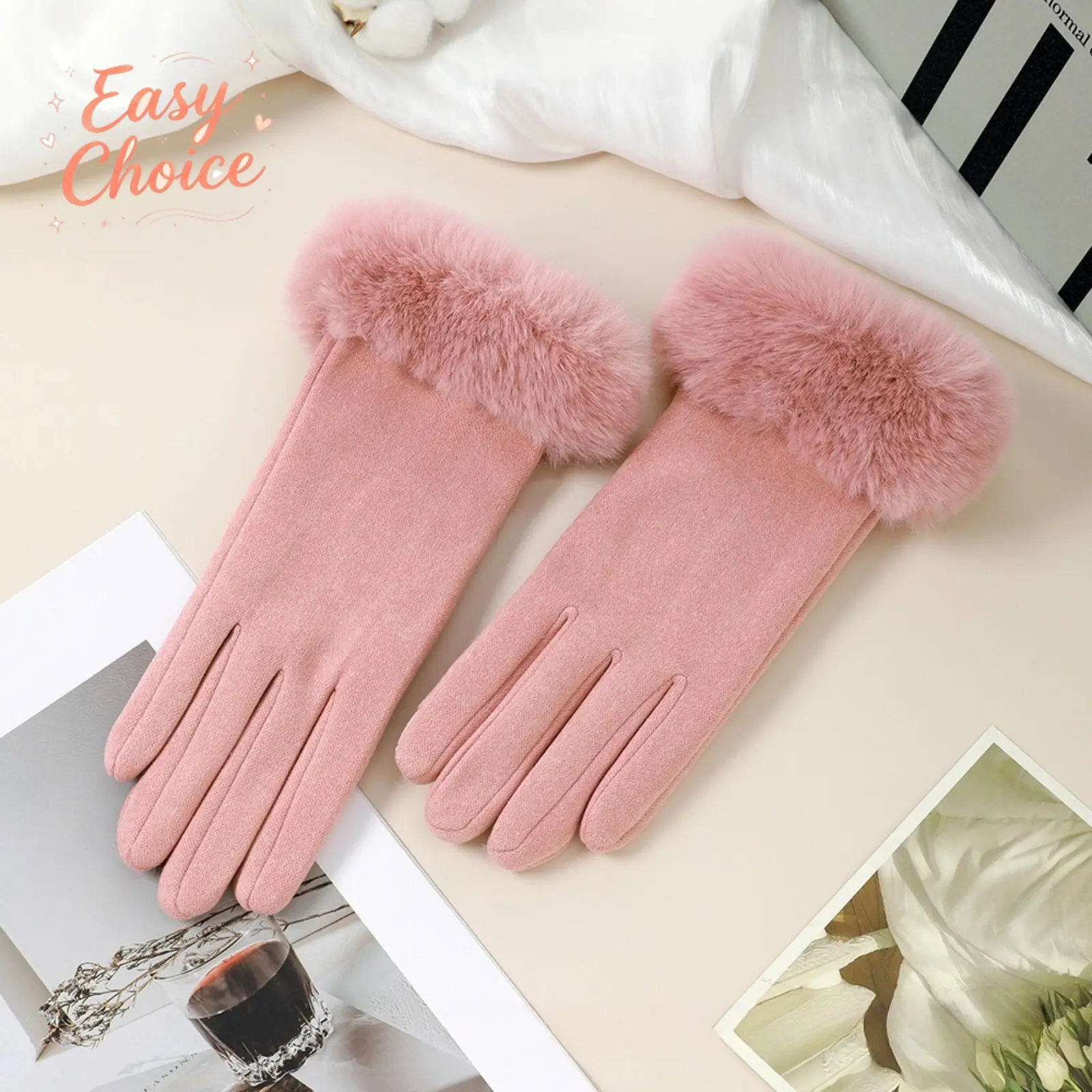 Fresh women's wool cuff warm touch screen gloves, thick warm windproof and cold gloves, fashionable outdoor riding driving warm hand accessories, suitable for daily commuting in winter
