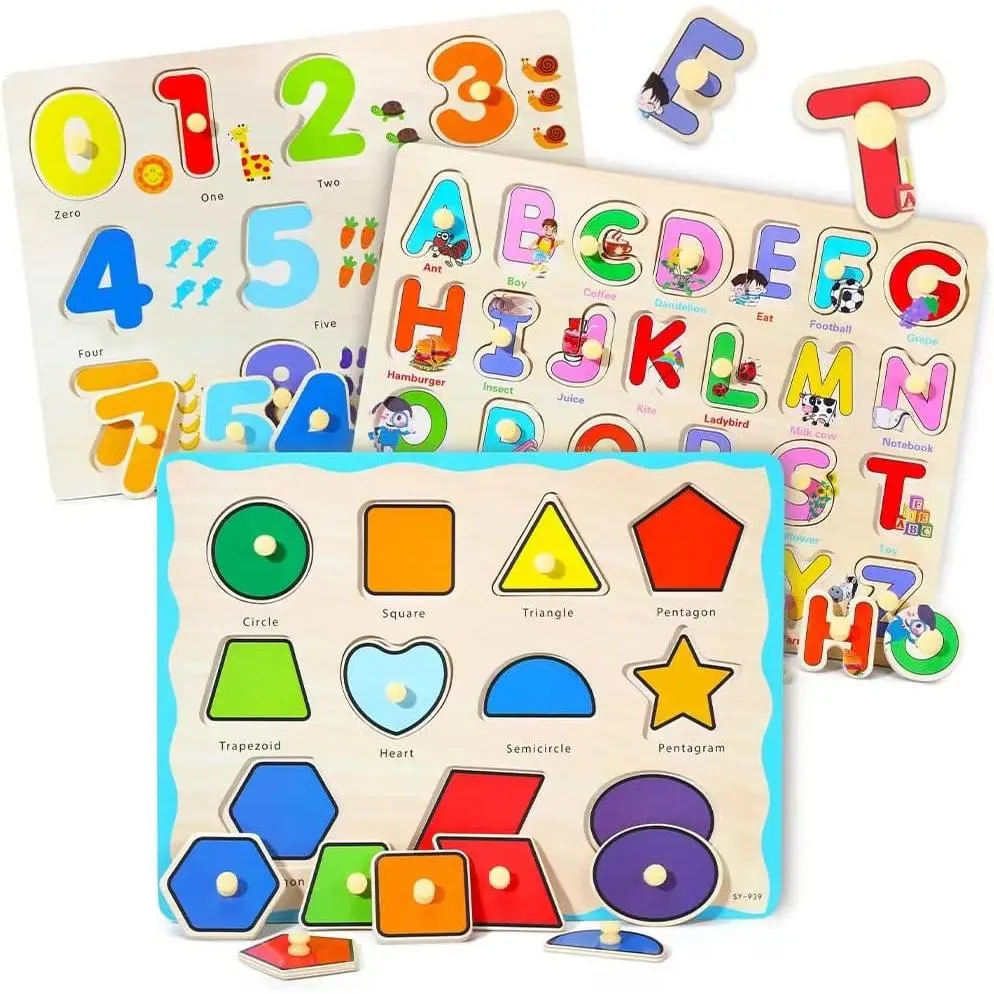 Wooden Montessori Toddler Puzzles for 3 4 5 Years Old, 3 Pcs (Number, Letter, Shape) Kids Preschool Educational Peg Puzzle Setfidget toys