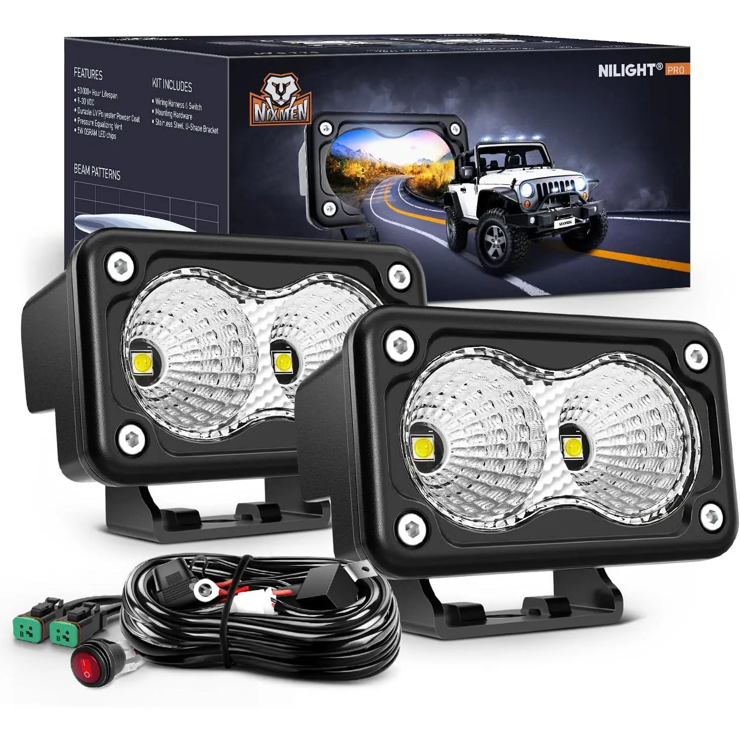 Nilight 2PCS 3-in-1 12V Motorcycle LED Pods, 1160LM Offroad Flood Fog Lights with 18AWG DT Wiring Harness Kit & LED Backlights, Adjustable Universal Fit for ATV, Truck, Forklift, Boat, Jeeps