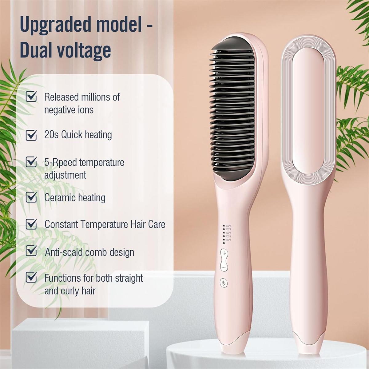 Hair Straightener Brush, Sleek Sweep Ionic Straightening Brush, Anti-Scald Ceramic Straightener Comb for Super Smooth Hair Pink.