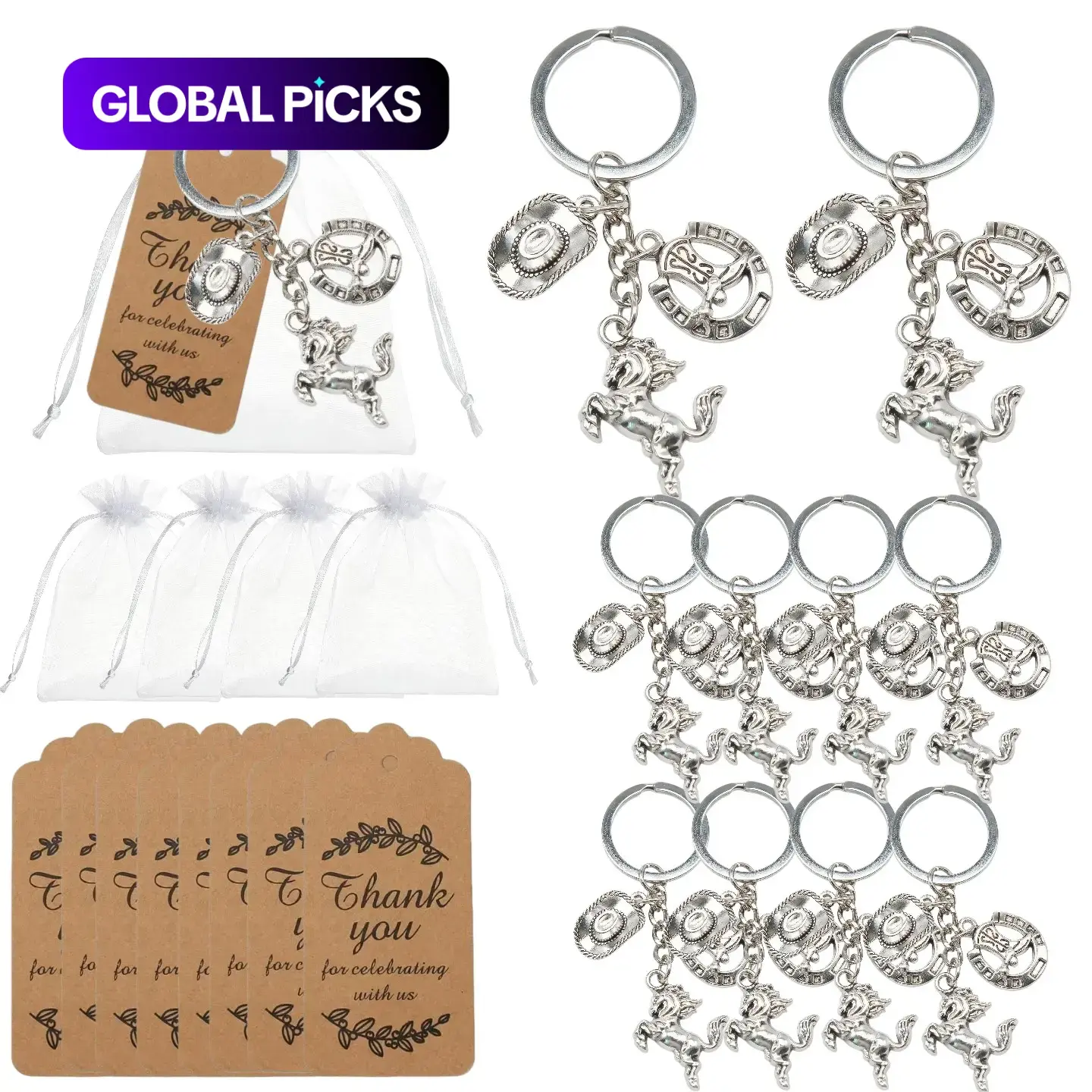 12 Sets Western Cowboy Keychain Favors, Charismatic Keychain, Keychain Collectibles, Key Rings, Horse, Cowboy Hat & Horseshoe Charms, Organza Bags, Thank You Tags, Western Themed Parties #GLOBAL PICKS
